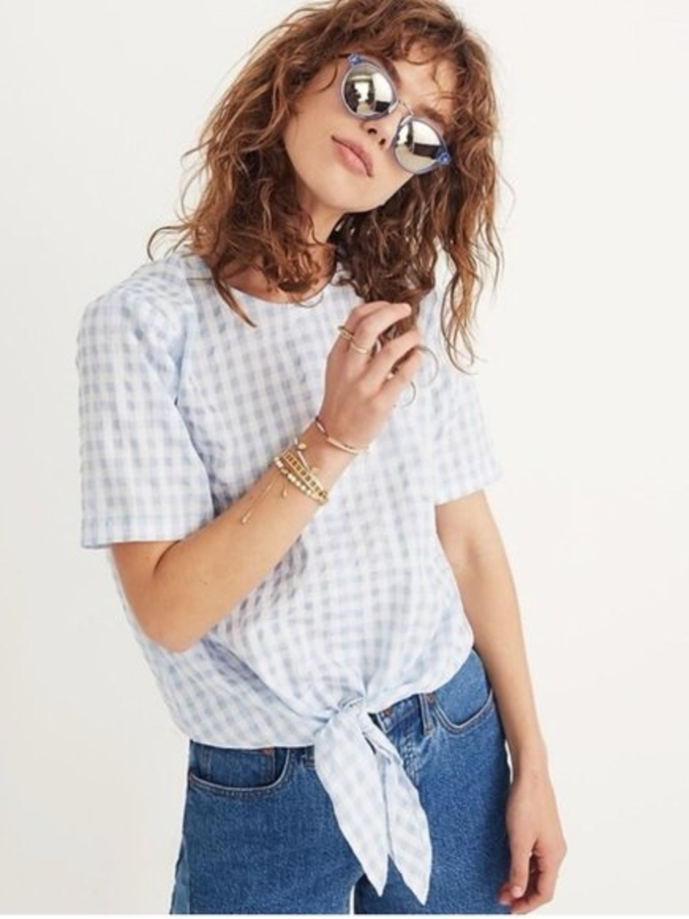 Madewell Gingham Blue White Tie Front Shirt XS